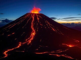 Active volcano at night with vibrant glowing lava against a darkened sky, magma, dark