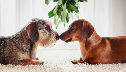 Two cute Wire-haired mini Dachshund, sausage dogs under the mistletoe sharing a sweet moment, kiss on the nose on a white fluffy blanket, in a modern room, seasonal Christmas holiday-themed scenes