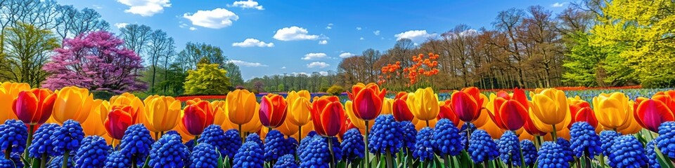 Obraz premium A panoramic row of tulips in shades of yellow, orange, and red bordered by blue grape hyacinths, set against a lush forest background.
