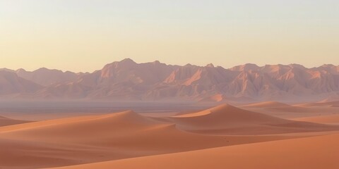 Naklejka premium Barren western desert in Egypt at Farafra Oasis with rolling sand dunes, sparse vegetation, and distant mountains, mountains, realistic, wilderness