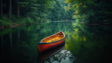 Fototapeta premium A serene canoe floats peacefully on still waters surrounded by lush green trees at dawn