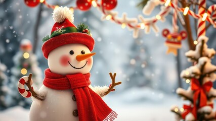 Cheerful snowman with candy cane and red scarf in snowy forest evoking winter wonderland vibes and festive cheer, holiday, candy cane