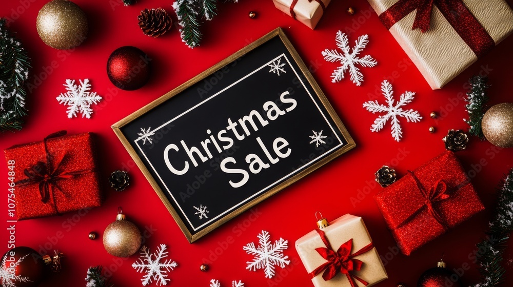 Poster a red background is decorated with presents, ornaments, and snowflakes. a chalkboard sign with the t