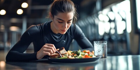 A focused woman enjoys a healthy meal in a gym setting. The scene captures her determination to maintain her fitness. Fresh vegetables and lean protein are present. AI