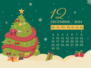 merry christmas and happy new year december calendar, snake and christmas tree, winter calendar design