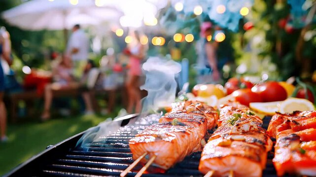 Grilled salmon skewers on bbq at outdoor summer garden party with friends