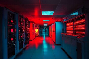 Mysterious corridor illuminated by vibrant red and blue lights. A captivating fusion of technology and ambiance. An artificial intelligence concept. Generative AI