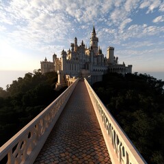 a bridge leading to a castle on top of a hill