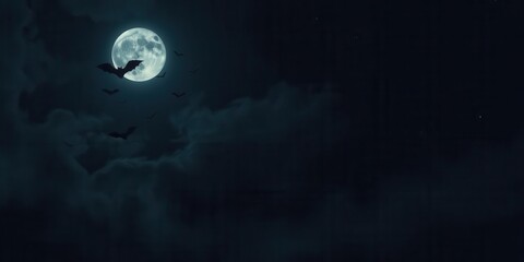 Fototapeta premium Full moon shining brightly in the dark Halloween night sky, with spooky clouds and bats flying, creating a haunting and mysterious atmosphere, atmosphere, sky, mystical