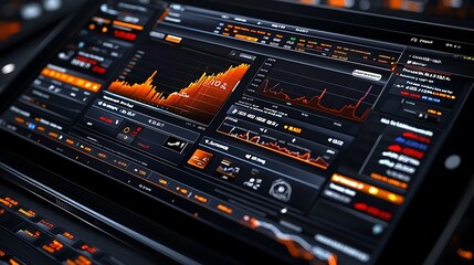 Obraz premium Close-up of a tablet screen showing stock market data with graphs, numbers, and charts in orange and black.
