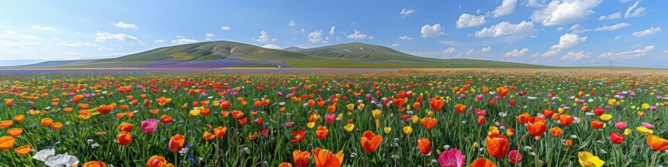 Obraz premium A panoramic field of vibrant wildflowers including poppies and cornflowers set under a clear blue sky, stretching across a scenic landscape.