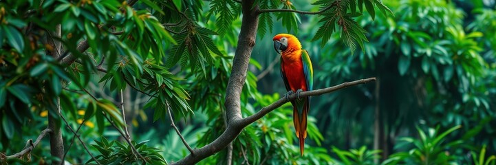 Green macaw with vibrant feathers perched gracefully on a large tree branch in the jungle, green, nature, tree