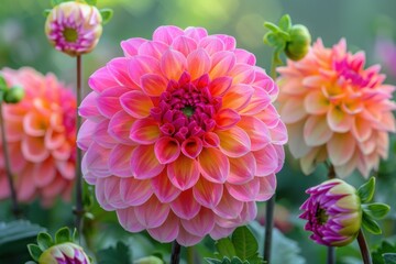 A close up of a large pink dahlia with intricate petal layers, surrounded by smaller dahlias in various colors, capturing summer beauty.   © Robert Anto
