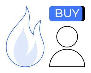 Flame icon, simplified human silhouette, and blue Buy button. Ideal for e-commerce, marketing campaigns, user interaction, consumer behavior, digital advertising, online shopping, and sales