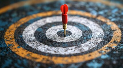 Red Dart Striking the Center of a Worn Out Bullseye