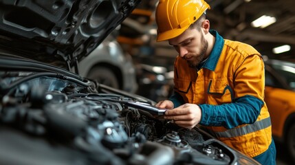 A skilled mechanic is focused on diagnosing a vehicle problem while standing under the hood of a car in a bustling auto repair shop. The setting showcases the tools and equipment of the trade