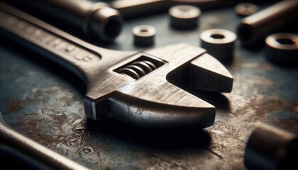 Fototapeta premium Close-up of Rusted Steel Wrench on Industrial Workbench. Detailed Close-up of Worn Steel Wrench.