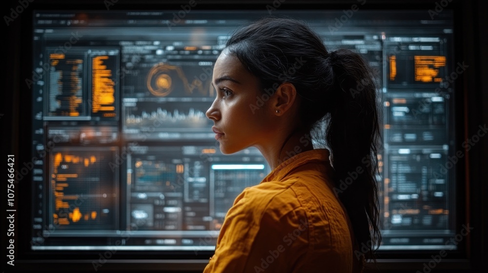 Poster a young woman in an orange jacket focuses intently on a high-tech screen displaying various data vis