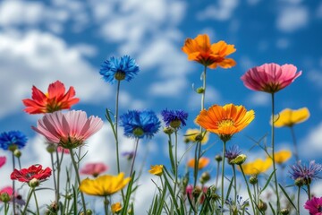 Fototapeta premium A close up of colorful wildflowers, including pink cosmos, blue cornflowers, and yellow marigolds, set against a bright blue sky with scattered clouds.