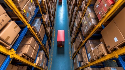 The warehouse exhibits a long aisle lined with neatly stacked boxes on shelves, showcasing organized inventory. A red cart is positioned centrally, ready for loading during peak hours