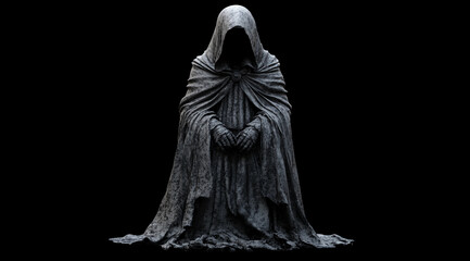 A mysterious, hooded figure with hands clasped stands alone in a dark space