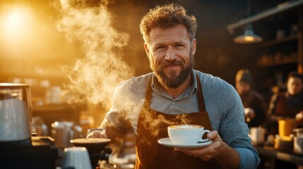 A barista proudly presents a freshly brewed cup of coffee, steam rising in the warm cafe atmosphere, as golden light fills the space, creating a relaxing ambiance