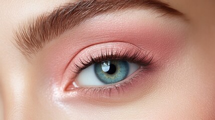 Obraz premium A woman's striking eye captivates with expertly applied makeup featuring soft pink tones, enhancing the natural beauty of the lashes and iris in gentle lighting for an artistic effect