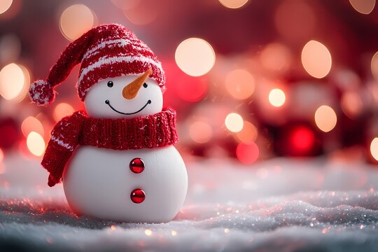 Cute snowman in red hat and scarf surrounded by festive decorations. Generative AI.