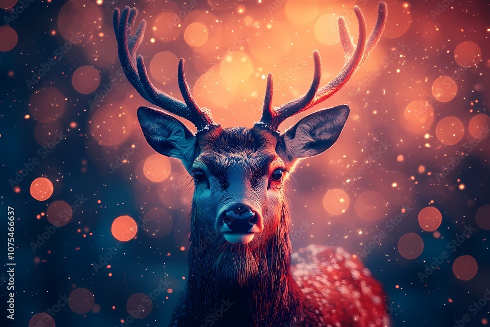 Poster festive deer in a blurred christmas setting with colorful bokeh lights. generative ai.