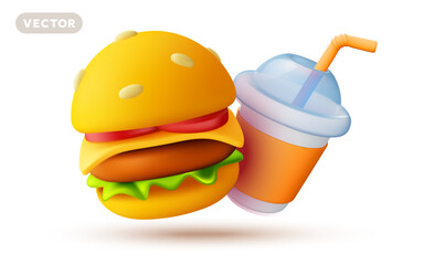 Vector illustration of realistic set of burger with cheese and drink cup with straw on white color background. 3d style design of hamburger and take away coffee cup with shadow. Fast food set