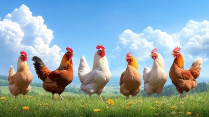 Seven chickens of various colors stand together in a green meadow dotted with dandelions, enjoying a sunny day beneath a bright blue sky with fluffy white clouds