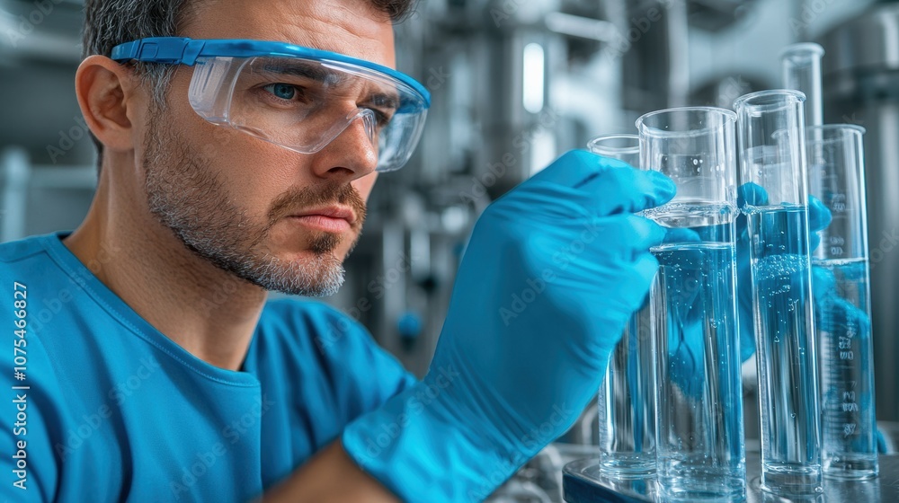 Poster a scientist in a laboratory concentrates on safely measuring liquids in test tubes while wearing saf