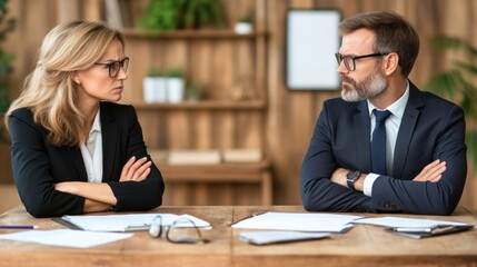 Two professionals sit facing each other with crossed arms at a rustic conference table. The atmosphere feels tense as they exchange serious glances, surrounded by a contemporary office decor