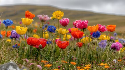 Naklejka premium A lush field of wildflowers with vibrant poppies blue cornflowers and yellow daisies set against a scenic landscape.