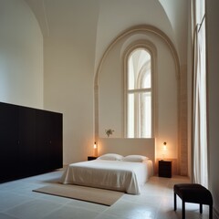 a bedroom with a bed and a window