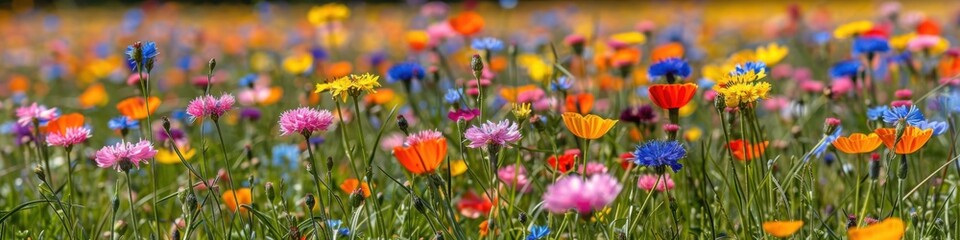 Obraz premium A vibrant field filled with various blooming wildflowers, including poppies, cornflowers, daisies, and marigolds, creating a colorful and lively landscape.