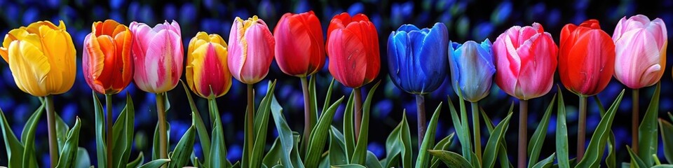 Fototapeta premium A line of colorful tulips in shades of red, pink, yellow, and blue, blooming with grape hyacinths in the background, showcasing the vibrant beauty of a spring garden.