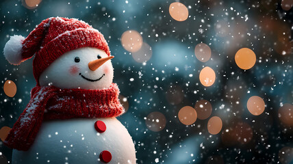 Snowman smiling cheerfully under falling snowflakes in December evening. Generative AI.