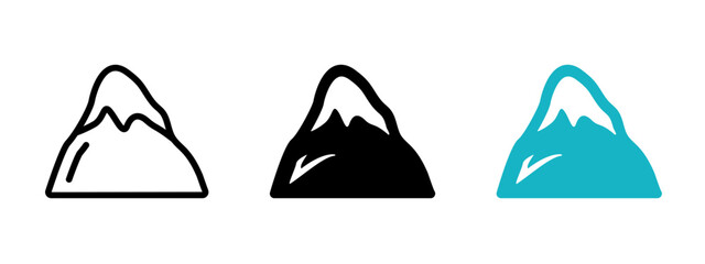 Mountain icon. Hiking or trekking symbol. Everest peak vector illustration. Outdoors adventure sign. Climbing pictogram. Alp ridge silhouette. Ice mountain peak concept.