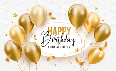 Vector holiday illustration with flying golden balloon and text happy birthday. 3d realistic template design of air helium balloon on textured background with confetti and star