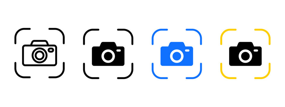 Camera focus icon. Focusing frame with photo camera vector illustration. Sharpened capture symbol. Photo scan sign. Target image pictogram. Picture shooting concept. Web interface button.