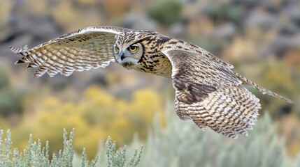 Fototapeta premium a large owl flying over a field of grass