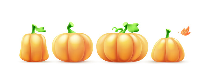 Vector fall illustration of orange color pumpkin set and autumn leaf on white background. 3d style cartoon design of collection of different pumpkin and leaf for thanksgiving day banner
