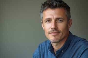 Fototapeta premium portrait of caucasian man 40 years old in classic blue shirt on grey background, closeup