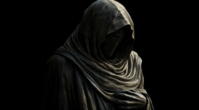 A figure cloaked in darkness stands alone in a black void, their face hidden, creating an air of mystery and intrigue