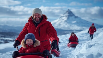 A cheerful father and his delighted child glide down a snowy slope on a bright winter day, sharing joyful moments with other family members in the background