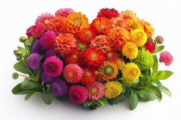 Obraz premium A vibrant heart-shaped arrangement of dahlias in shades of pink, red, orange, yellow, and green, beautifully showcasing the variety and richness of these blooms against a white background.