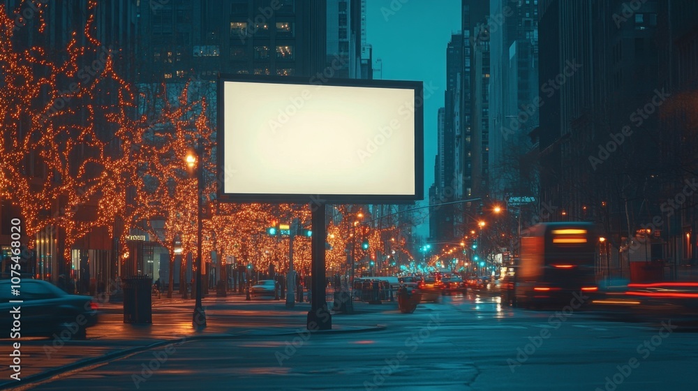 Poster a quiet urban street at night showcases twinkling lights on trees lining the road, while a large emp