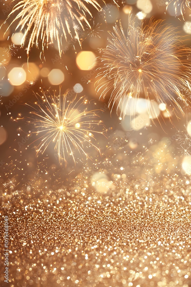 Poster golden fireworks explode over a glittering background. generative ai.