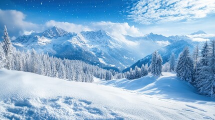 Naklejka premium A stunning winter landscape features snow-covered mountains and a glistening snow foreground with space for text